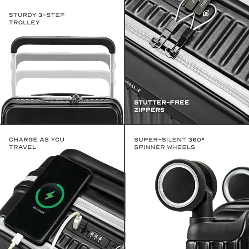 Image of THE ASSEMBLY 8 Wheels Double Spinner Hard Luggage Set of 2 | Premium Polycarbonate Cabin & Large Trolley Bags with Wide Handle & USB Port Charging-Rover Pro,Black, 73.5 cm