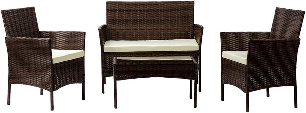 Nustone Rattan Garden Furniture Patio Bistro Set, 2 Seater Sofa, 2 Chairs with Cushions and a Coffee Table, Perfect for Gardens, Cafes and Terraces (Brown)