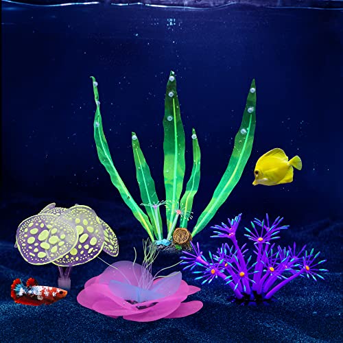 Image of Lpraer 4 Pack Glow Aquarium Decorations Coral Kelp Anemone Lotus Coral Simulation Glow Plant Glowing Effect Silicone for Fish Tank Decorations