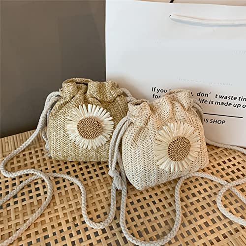 Fashion Drawstring Straw Bag Crossbody Handbag Shoulder Bag Flower Straw Bucket Bag for Photo2