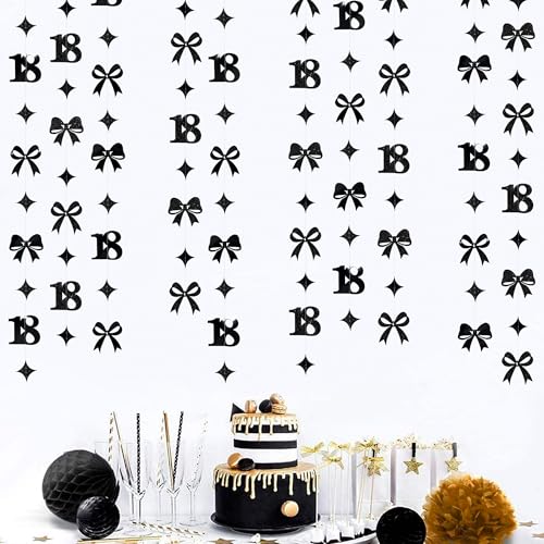 Image of Black 18th Bow Birthday Decorations Glitter Conquette Bow Garland Streamer Banner Backdrop for Girls Boys Happy 18th Birthday Time to Adult Cheers to 18 Years Old Anniversary Party Supplies