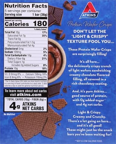 Atkins Chocolate Creme Protein Wafer Crisps, Protein Dessert, 4g Net Carb, 1g Sugar, High in Fiber, Keto Friendly, 5 Count