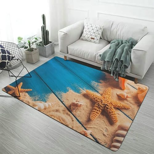 Tappeto Blu Stile Oceano Spiaggia Stella Marina Conchiglie Foglia di Palma Tappeti per Soggiorno, Camera da Letto, Studio, Corridoio, Bagno, Cucina, Antiscivolo Lavabile (Blu 2,120x180 cm)