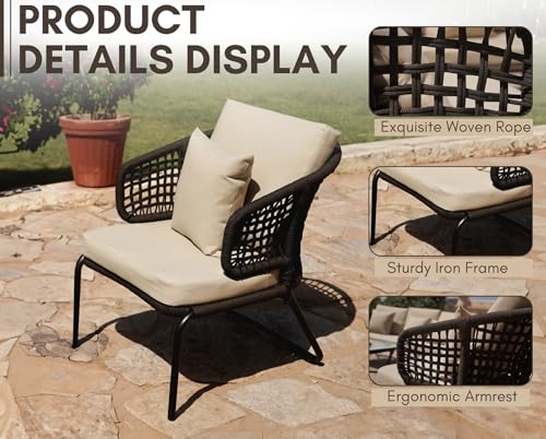Image of DEVOKO Outdoor 5 Seater Patio Rope Conversation Sofa Set with Glass Top Coffee Table, for Garden, Backyard, Terrace (Dark Brown and Cream)