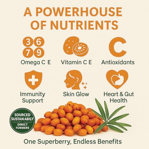 Image of Unitedlys Himalayan Sea Buckthorn Berry 100g | Sun-Dried, Natural & Unsweetened | Rich in Omega 3 6 7 9, Vitamin C & E | Dried Sea Buckthorn Berry for Skin, Immunity, Gut & Heart | No Preservatives