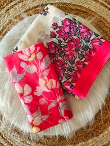 Image of Blush Bloom Linen Cotton Saree with Floral Border | Cotton Printed Saree with Unstitched Blouse Piece Saree for Women