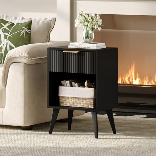 YAUkomel Fluted Black Nightstand