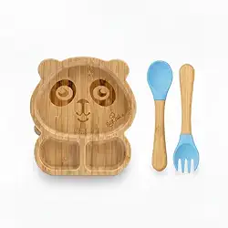 Kit Infantil em Bambu, modelo Pandinha – Prato com Divisórias e Ventosa de Silicone Antiderrapante, Talheres em Bambu e Silicone, Livre de BPA, Azul- Petit Piá