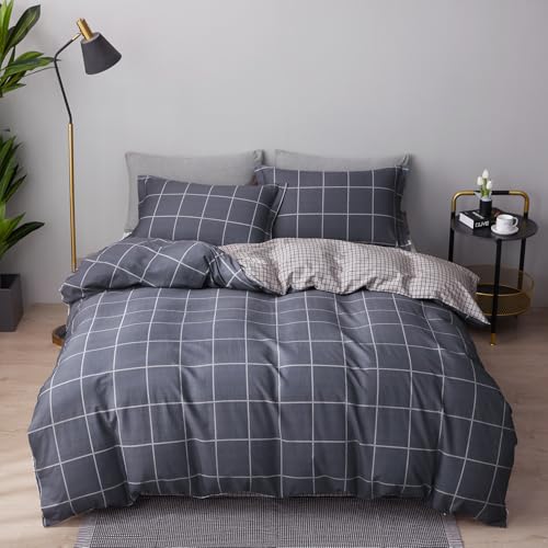 SAPHREAS Gray Plaid Geometric Duvet Cover Set King Size 3pcs