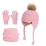 QKURT Conjunto de Gorro, Bufanda y Guantes de Invierno para Niños, Gorro de Punto Térmico de Invierno para Niños, Cuello Caliente, Guantes Táctiles Suaves y Cálidos, para Niños de 4 a 10 Años.