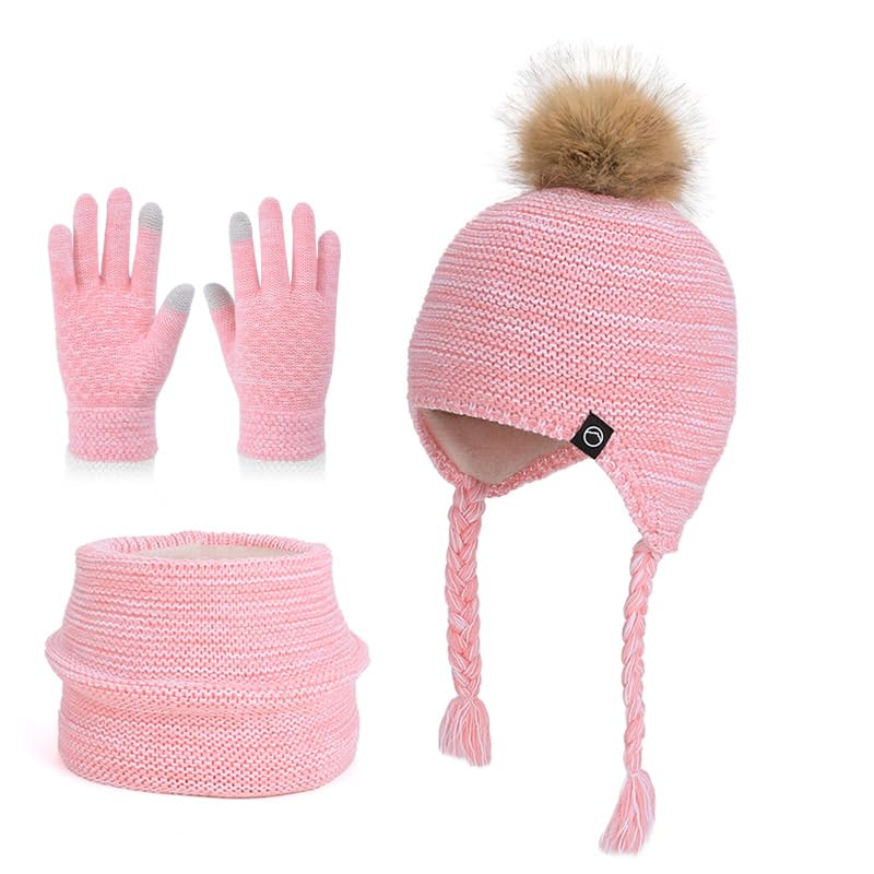 QKURT Conjunto de Gorro, Bufanda y Guantes de Invierno para Niños, Gorro de Punto Térmico de Invierno para Niños, Cuello Caliente, Guantes Táctiles Suaves y Cálidos, para Niños de 4 a 10 Años.