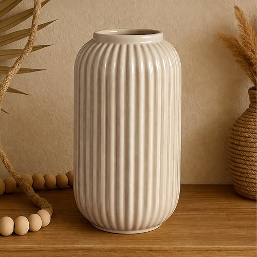 Image of Art Street Modern Ribbed Ceramic Flower Vase | Pearl White Decorative Boho Vase for Living Room, Bedroom & Office Dcor - (Flower not Included) 5x9 Inch