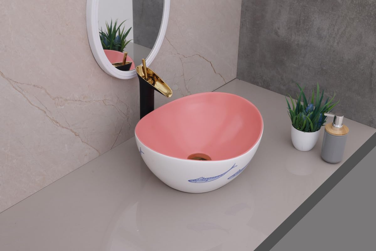 HISRE Countertop Wash Basin 16"x13"x6" | Modern White with Pink Ceramic Round Vessel Sink | Elegant Bathroom Basin for Home, Office & Hotels, photo 1 of 4