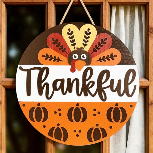 JarThenaAMCS Thanksgiving Turkey Welcome Door Sign 3D Fall Autumn Turkey Wooden Hanging Sign Thankful Front Door Hanger for Indoor Outdoor Home Porch Window Decor