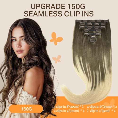Image of DOORES Human Hair Clip in Extensions - Ash Brown to Platinum Blonde, 14 Inch, 130g, 9pcs - Seamless, Natural, Straight, Invisi Edge, Thick