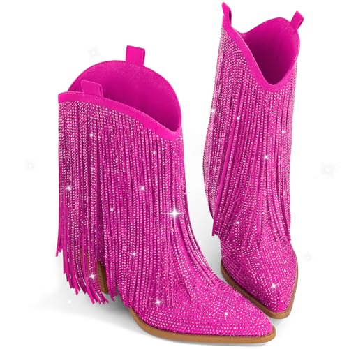Image of Ouepiano Cowboy Boots for Women - Cowgirl Rhinestone Boots with Sparkly Fringe Pointed Toe Western Boot Chunky Heel Pull-On Wide Calf Botas Vaqueras