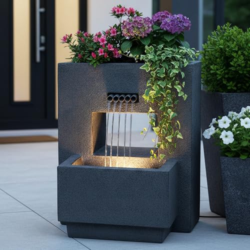 Gartenbrunnen mit Beleuchtung bepflanzbar Betonoptik 57 cm Springbrunnen Wasserspiel warmweiß Kaskade Wasserfall
