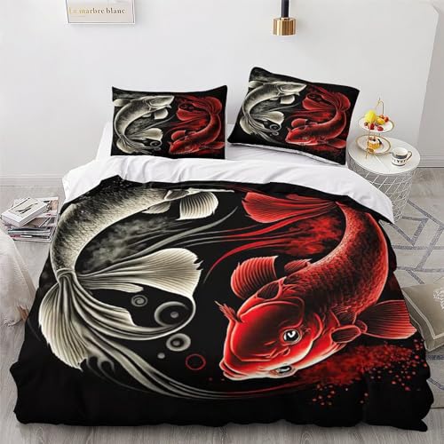 Housse couette poisson anti-plis lit double parure 3 pièces microfibre - 4