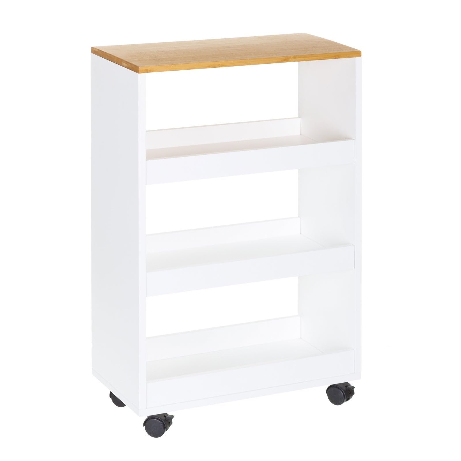 LOLAhome - Estantería móvil con Ruedas de Madera y bambú, Blanco y Natural de 48x24x77 cm. Práctico diseño con 3 estantes. Ideal como Organizador Auxiliar para tu Cocina, baño o salón.