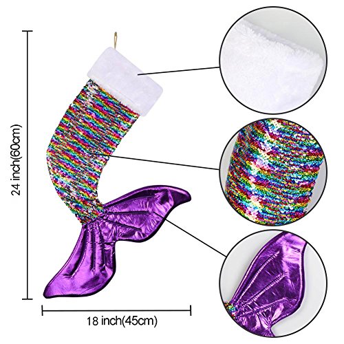 Ourwarm Purple Mermaid Tail Christmas Stocking, Magic Reversible Sequins Mermaid Holiday Stockings For Christmas Decorations, 24 Inch Sparkly Christmas Stockings #TOP1