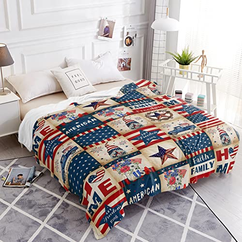 Patriotic Gnome Blanket Usa Flag Throw Blankets Retro Plaid Soft Flannel Fleece Comfort Blanket, Check American Theme 4Th Of July Cozy Warm Bed Cover For Sofa Couch Chair 40X50In #TOP3
