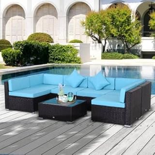 7-Piece Outdoor Patio Furniture Set, Wicker Rattan Sectional Sofa with Blue Cushions, Coffee Table