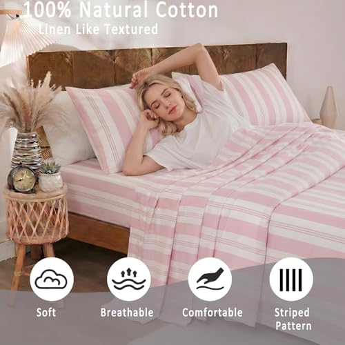 Image of Merryword 100% Cotton Sheet Set King Size - Pink Striped Bedding, Soft Breathable Percale Weave, Deep Pocket Fitted Sheet 17.5 inch, Luxury & Silky Soft Sheet Set for All Seasons