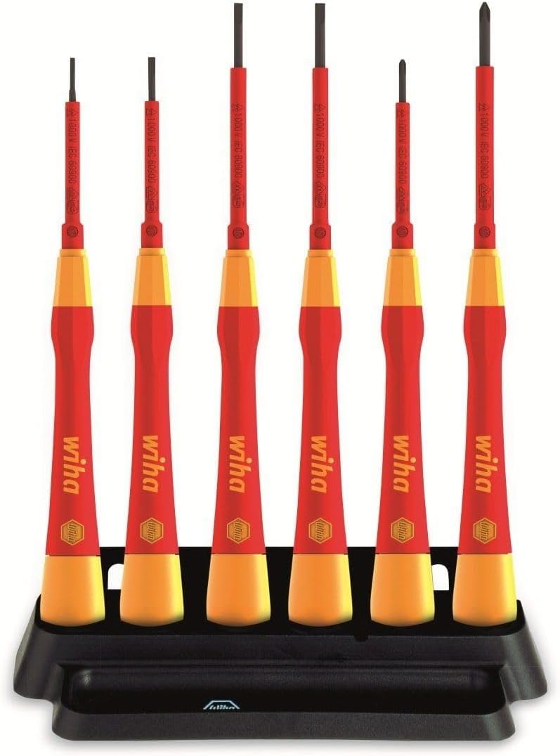 Wiha Feinschraubendreher Set PicoFinish® electric 7-teilig inkl. Halter I Schraubendreher für Elektriker I VDE I Schlitz, Kreuzschlitz (42989)