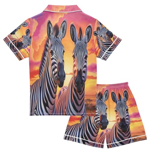 ALAZA Sunset Zebra Satin Pajamas Set Short Sleeve Button Down Sleepwear Summer Pjs 2 Piece2