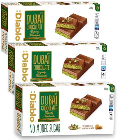 Diablo No Added Sugar Dubai Chocolate Bar – Smooth & Rich No Added Sugar Chocolate for All, Great for Gifting on Christmas, Birthdays, Valentines & More, Ideal Snack for Adults & Kids, 200g Pack of 3