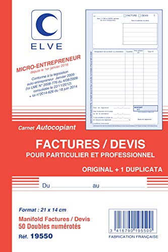 ELVE LV19550 Lot de 5 Carnets Autocopiants Factures/Devis pour Auto-entrepreneurs en Format A5 avec 50 Duplicata