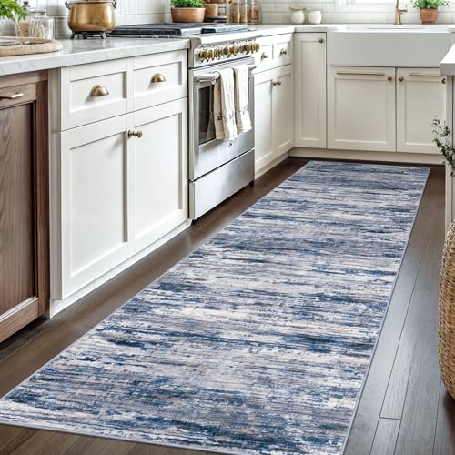 3x8 Navy Blue Gray Neutral Multi Modern Abstract Runner Rug for Hallways, Super Soft Hallway Decor Kitchen Rugs with Non-Slip, Non-Shedding Washable Rug for Entryway Bedroom Indoor