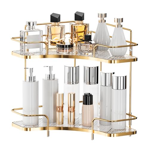Seoneiro 2 Tier Corner Bathroom Counter Organizer, Cosmetic Skincare Organizer, Bathroom Countertop Perfume Tray Vanity Organizer, Kitchen Spice Corner Storage Shelf