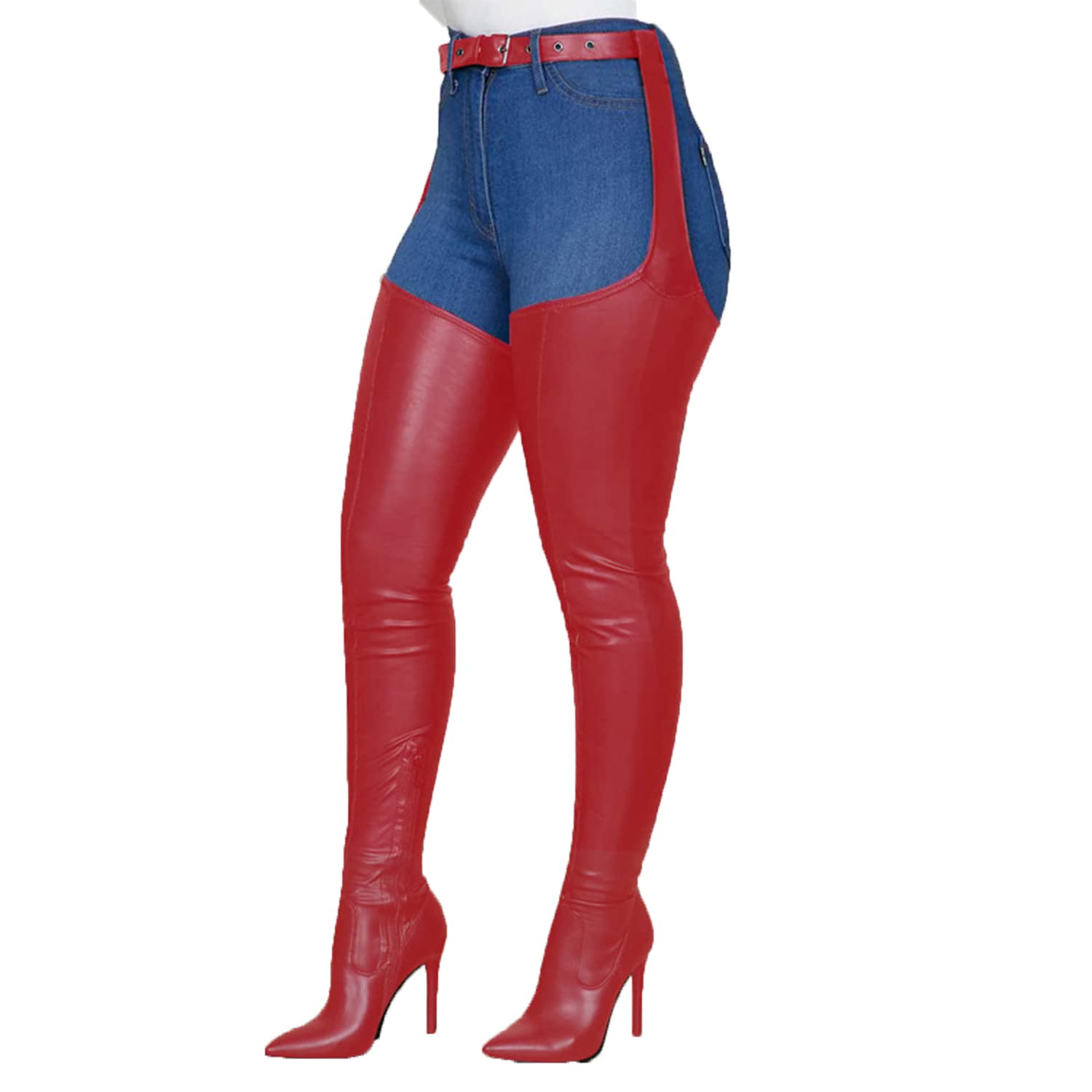 Women PU Leather Stretch Over The Knee Boots Stiletto Heel High Thigh High Boots Fashion Zipper Sexy Pointed Toe Long Boots with Adjustable Waist Belt