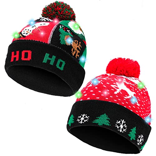 Holres 2Pcs LED Light Up Bonnet Chapeau Unisexe Chapeau de Noël Bonnet de Noël Christmas Hats Beanie Hat Knit Cap pour Hommes Femmes Noël Chapeau Noël Tricoté Bonnet avec Pompon pour Fête de Noël Cover