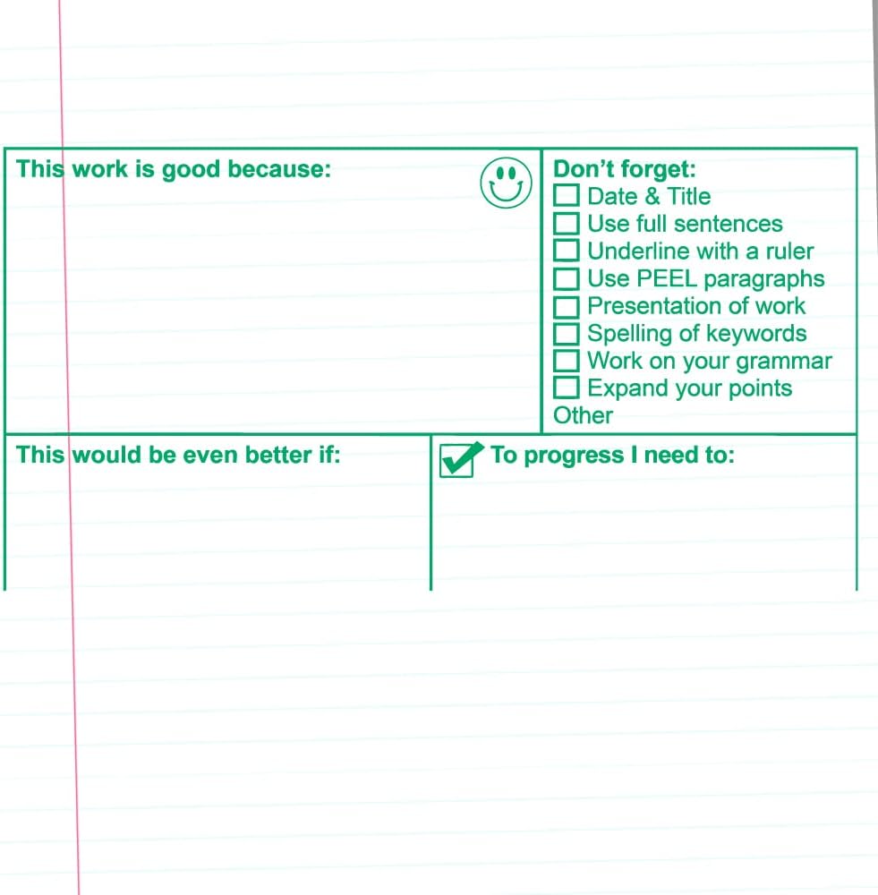PEEL, Presentation, Spelling, Good because, EBI - KS2 Literacy Feedback & Marking Teacher Stamper. Large 5x10cm (Green)
