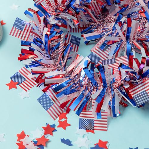 Image of 33FT 4th of July Patriotic Tinsel Garland Red White Blue Metallic Twist Foil Tinsel Garland with Flag for Memorial Day Independence Day Party Door Tree Indoor Outdoor Decoration