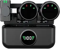 Microfone Lapela Sem Fio Duplo, Preto, USB Tipo-C, com Case de Carregamento, Android USB-C, para TikTok, Podcast, Vídeos, Reuniões，microfone para celular