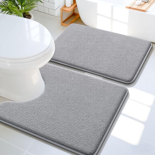 OLANLY Memory Foam Bathroom Rugs Mats Sets 2 Piece, 24"x16"+24"x20", Grey