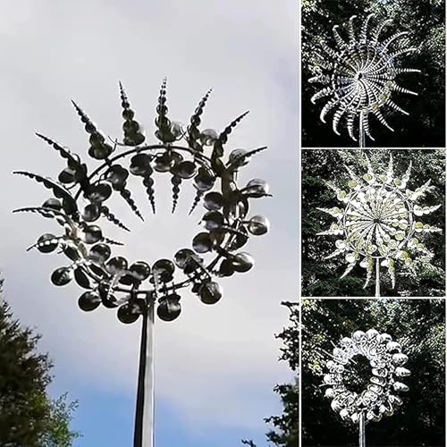 Einzigartige und magische Metall-Windmühle, 3D-Edelstahl-Windspiel, windbetriebene kinetische Skulptur mit Metall-Gartenstecker für Hof, Gartendekoration