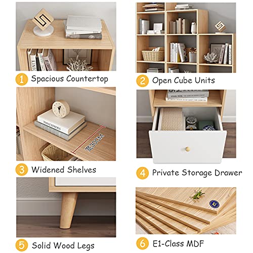 Iotxy 3-Tier Open Shelves Bookcase - 47 Inches Height Modern Floor Standing Cubes Wooden Low Bookshelf With Storage Drawer And Legs, White #TOP3