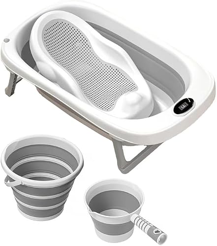 Foldable Baby Bathtub with seat Thermometer Bucket and Scoop
