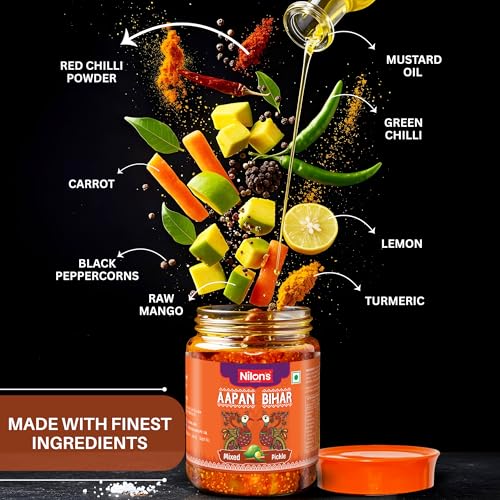 Image of Nilon's Aapan Bihar Mixed Pickle (475g) Homemade Aachar | Spicy & Tangy Pickle in Authentic Bihari Style with Raw Mango, Lemon, Mustard Oil & Spices Mixed with No Added Artificial Colour