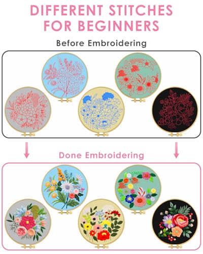 Image of TINDTOP 5 Sets Embroidery Kit for Adults, Floral Embroidery Practice Kit for Beginners Include Embroidery Cloth Hoops Threads for Craft Lover Hand Stitch | for Beginners Include Embroidery Cloth Hoops Threads for Craft Lover Hand Stitch