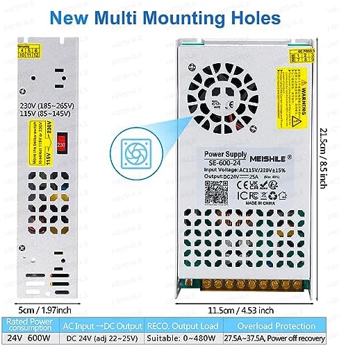 MEISHILE 24V 25A 600W Zasilacz Impulsowy AC to DC Transformatory Converter for LED Driver Strip Light Lamp, Amplifier, Machine, 230V 220V do 24Volt 3A 4A 5A 8A 10A 15A 20Amp SMPS