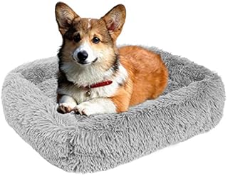 TUAKIMCE Dog Bed Cat Bed Square Calming Dog Cat Bed Plush Fluffy Puppy Bed Large Dog Bed Washable with Anti-Slip Bottom Self-Warming Pet Bed for Large, Medium, Extra Large Dog and Cat (M, Light Gray)