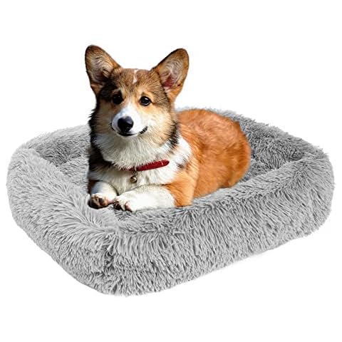 TUAKIMCE Dog Bed Cat Bed Square Calming Dog Cat Bed Plush Fluffy Puppy Bed Large Dog Bed Washable with Anti-Slip Bottom Self-Warming Pet Bed for Large, Medium, Extra Large Dog and Cat (M, Light Gray) Cover