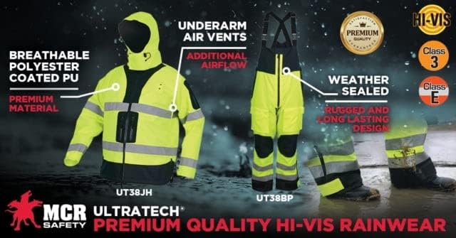 MCR Safety UltraTech Poly Class E Bib Pant, Dual 2 Silver Reflective, Fluorescent Lime, UT38BPX2