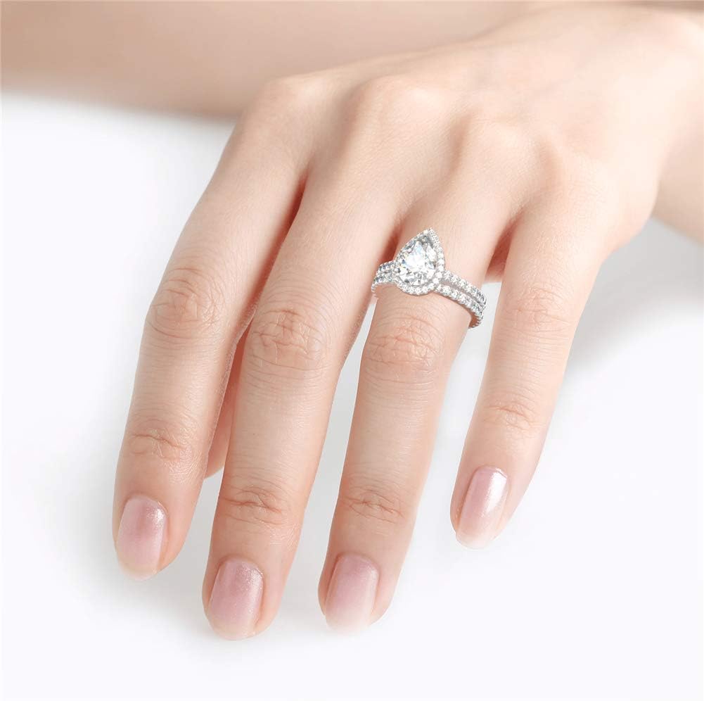 Jeulia Halo Pear Cut Sterling Silver Eternity Ring Set CZ Solitaire Wedding Engagement Anniversary Promise Rings Bridal Sets for Women