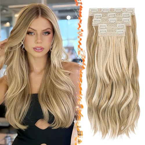 BARSDAR Rubio Clip en Extensiones de Cabello, 50cm Ondulado Clip in Hair Extensions para Mujer 5 Piezas Layered Extensión de Pelo Lace Sintética Natural Postizos - Dorado Rubio Mixed